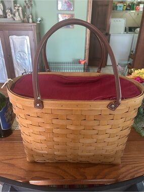 Longaberger Boardwalk Basket Tote with Burgundy and Plastic Liners